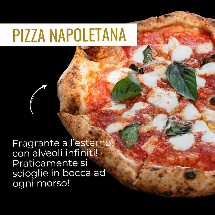 Descrizione pizza napoletana con cornicione alto artigianale prodotta dalla pizzeria Lievito Madre a Lugano da asporto e consegna a domicilio