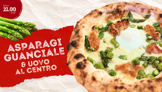 A Lugano è arrivata la Pizza speciali della pizzeria Lievito Mafdre dedicata alla primavera con asparagi pancetta e uovo al centro